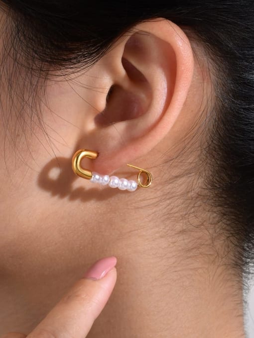 CONG Stainless steel Imitation Pearl Geometric Minimalist Hook Earring 1