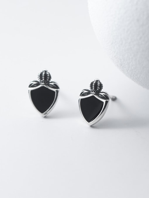 Rosh 925 Sterling Silver Obsidian Heart Vintage Stud Earring 0