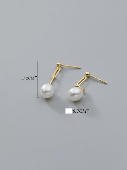 Gold 925 Sterling Silver Imitation Pearl Geometric Chain Minimalist Drop Earring