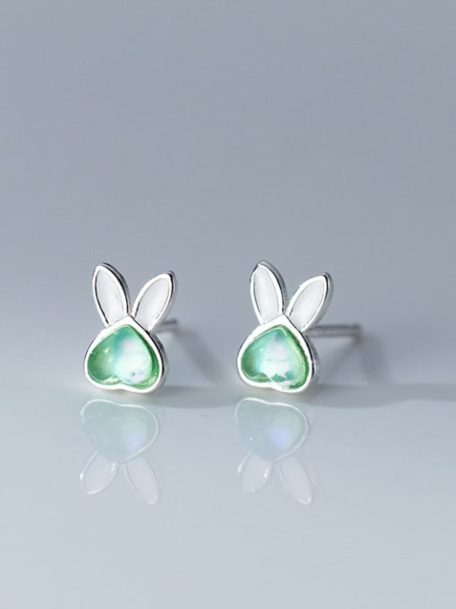 Green Glaze White 925 Sterling Silver Cubic Zirconia Rabbit Cute Stud Earring