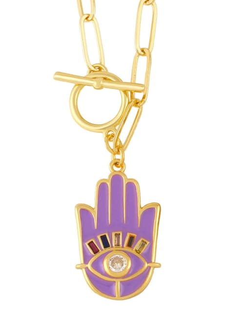 purple Brass Enamel Evil Eye Vintage palm Pendant Necklace