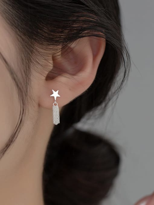 Rosh 925 Sterling Silver Pentagram Tassel Minimalist Drop Earring 1