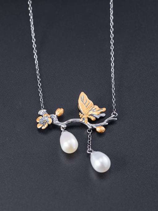 SILVER MI 925 Sterling Silver Imitation Pearl Branch Butterfly Vintage Tassel Necklace 1