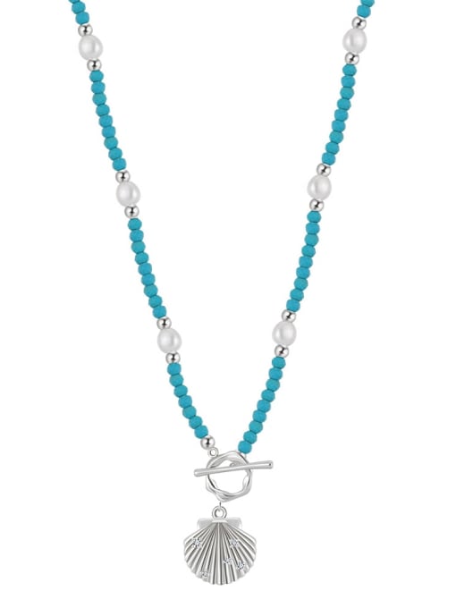 GPN82 Platinum 925 Sterling Silver Natural Stone Geometric Vintage Beaded Necklace