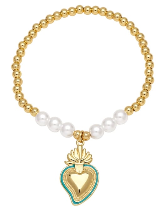 Turquoise Brass Enamel Heart Vintage Handmade Beaded Bracelet