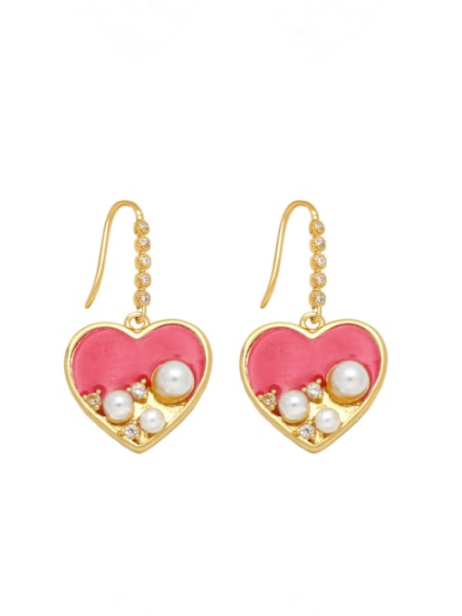 red Brass Imitation Pearl Enamel Heart Minimalist Hook Earring