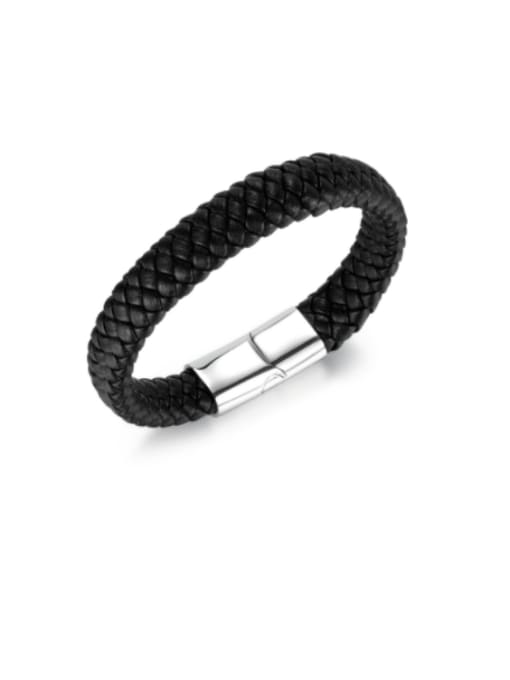 1522 leather  black leather Stainless steel Artificial Leather Weave Hip Hop Band Bangle
