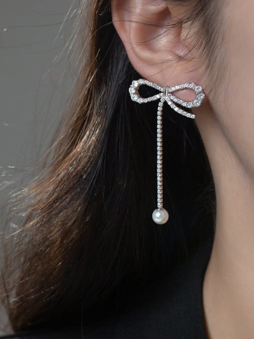 Rosh 925 Sterling Silver Imitation Pearl Bowknot Tassel Dainty Drop Earring 1