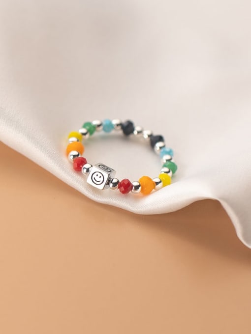 Rosh 925 Sterling Silver Bead Multi Color Smiley  Square Minimalist Band Ring 0