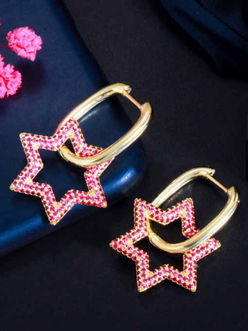 Golden red Brass Cubic Zirconia Geometric Luxury Cluster Earring