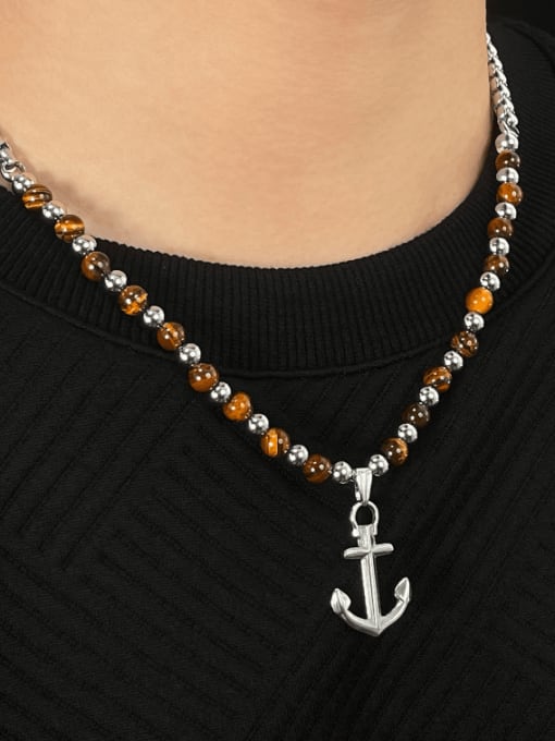 Open Sky Stainless steel Tiger Eye Anchor Vintage Bead Chain Necklace 1