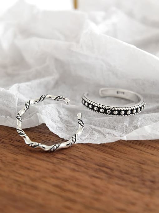 DAKA S925 Sterling Silver Vintage Round Bead Twist Wave Free Size Ring