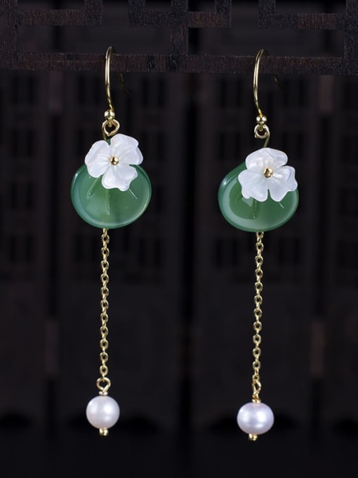 shell colored glass petal earrings 925 Sterling Silver Shell Lampwork Stone Long Pearl Shell Colored Glass Petal Earrings