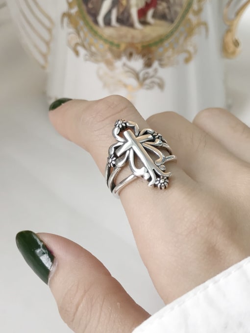 Boomer Cat 925 Sterling Silver Hollow  Cross Vintage Free Size Midi Ring 2