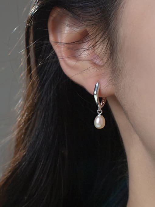 Rosh 925 Sterling Silver Imitation Pearl Geometric Minimalist Huggie Earring 1