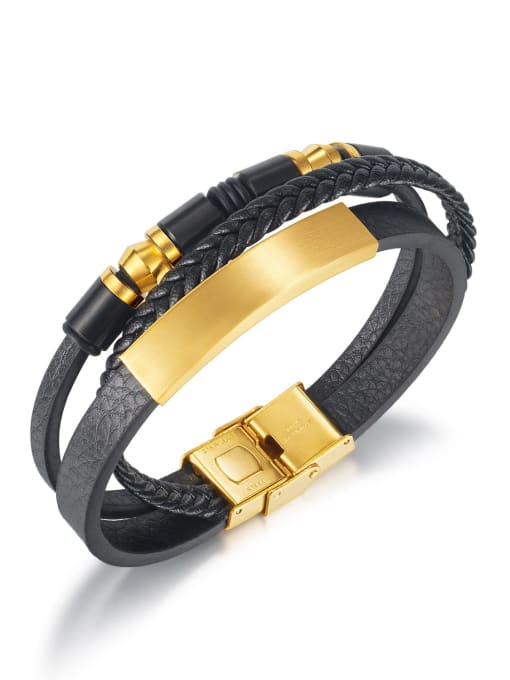 1485 gold leather bracelets Titanium Steel Leather Geometric Hip Hop Strand Bracelet