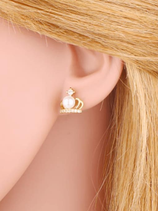 CC Brass Imitation Pearl Crown Cute Stud Earring 1