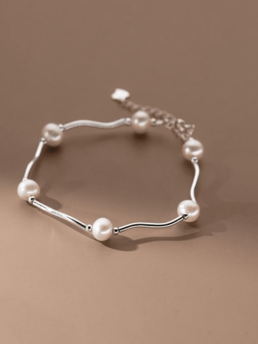S925 Silver Bracelet 925 Sterling Silver Imitation Pearl Geometric Minimalist Link Bracelet