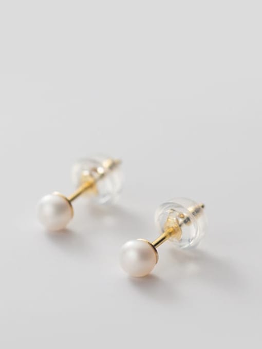 White Pearl Earrings gold 3 - 4MM 925 Sterling Silver Freshwater Pearl  Round Minimalist Stud Earring