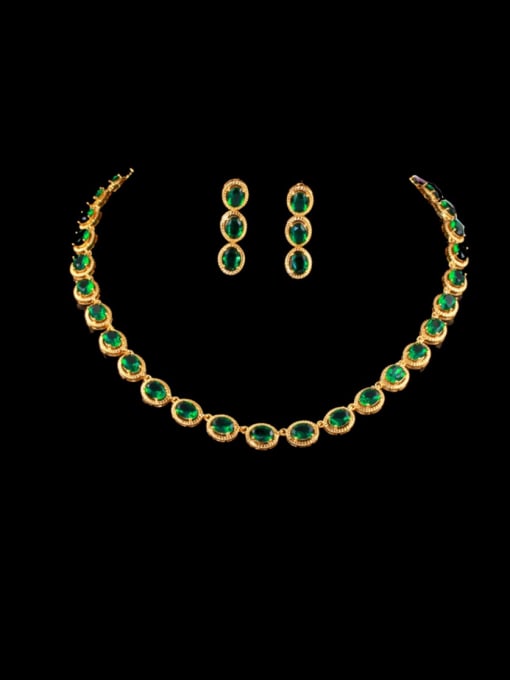 green Brass Cubic Zirconia Luxury Round Earring and Necklace Set