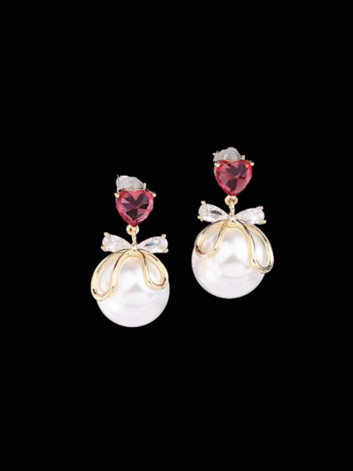 red Brass Imitation Pearl Ball Minimalist Drop Earring