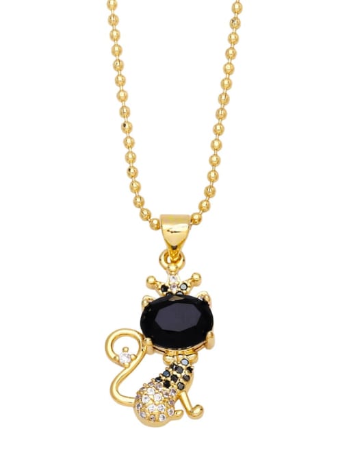 black Brass Cubic Zirconia Crown Vintage Cat Pendant Necklace