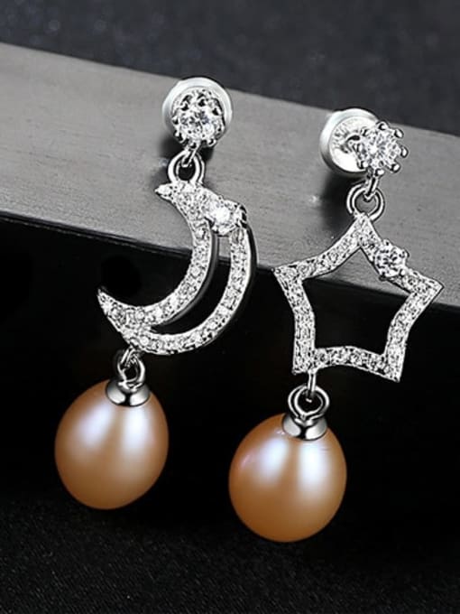 Pink 1G02 925 Sterling Silver Freshwater Pearl White Star Moon Trend Drop Earring