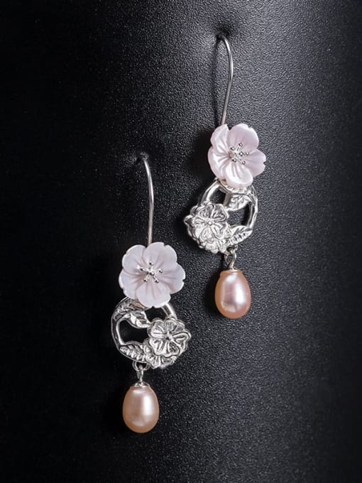 SILVER MI 925 Sterling Silver Freshwater Pearl Flower Vintage Hook Earring 1
