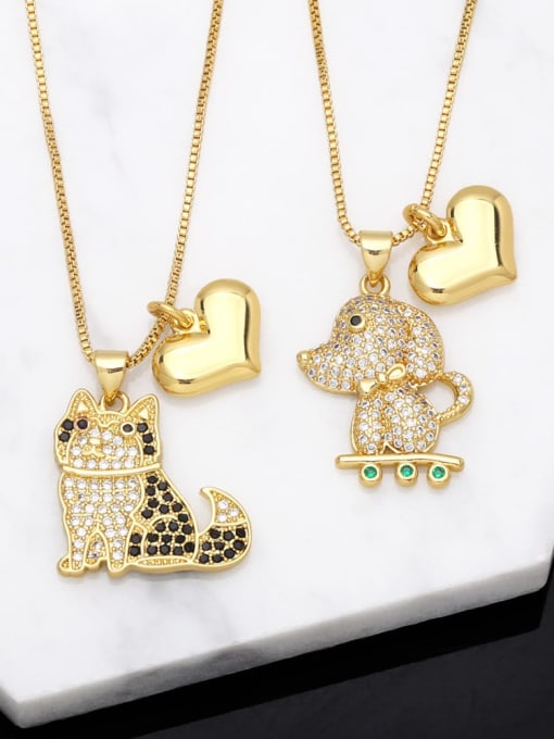CC Brass Cubic Zirconia Heart Cute  Dog Love Double Pendant  Necklace 0