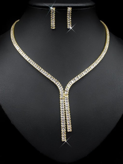 L.WIN Brass Cubic Zirconia Luxury Tassel Earring and Necklace Set 0