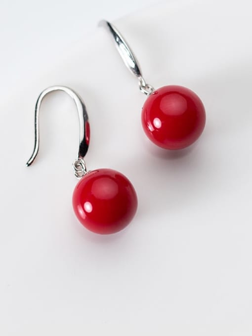 Rosh 925 Sterling Silver Red Enamel Round Ball Minimalist Hook Earring 1