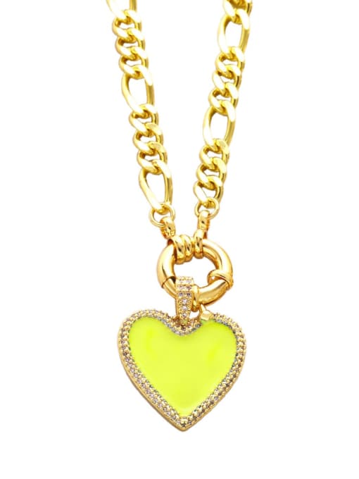 yellow Brass Cubic Zirconia Enamel Heart Vintage  Hollow Chain Necklace