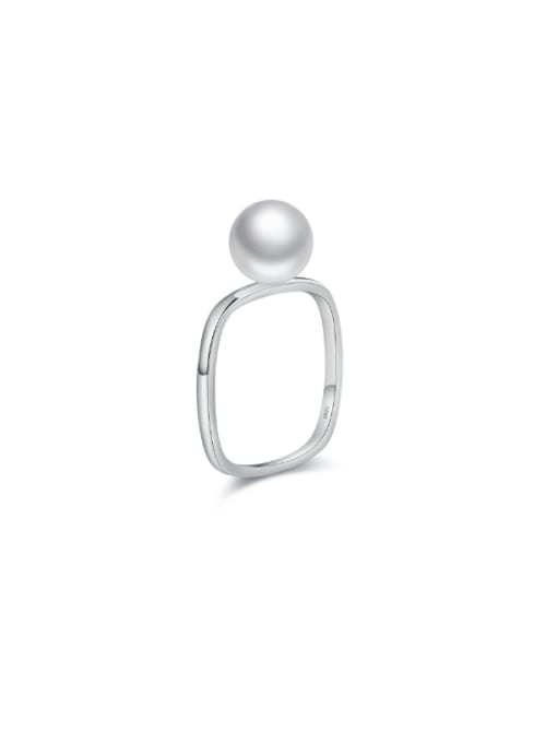 Silver 925 Sterling Silver Imitation Pearl Geometric Minimalist Band Ring