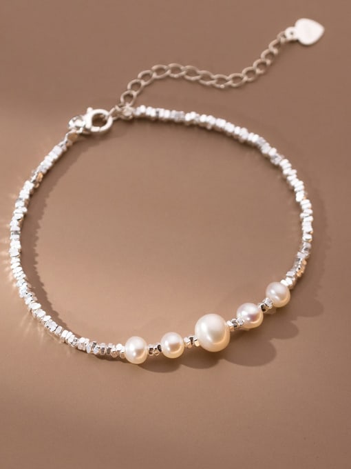 Rosh 925 Sterling Silver Imitation Pearl Geometric Minimalist Link Bracelet 3