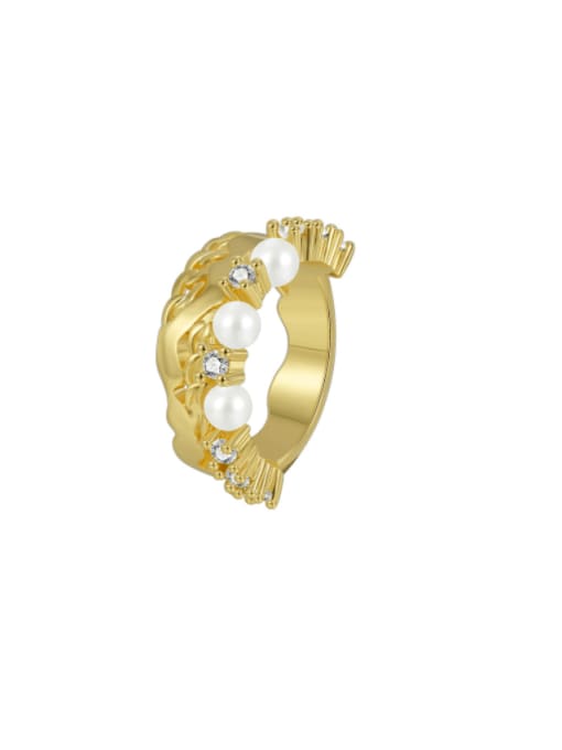 Gold Beizhu Zircon Ring Brass Imitation Pearl Irregular Minimalist Band Ring