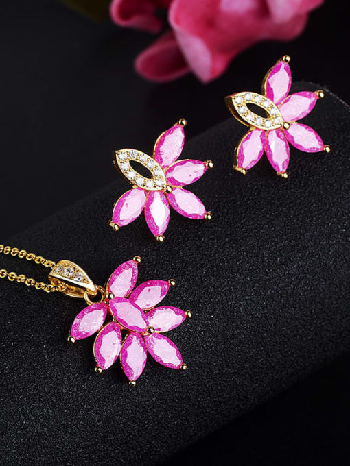 Brass Pink (set) Classic Leaf Copper Cubic Zirconia Earring and Necklace Set