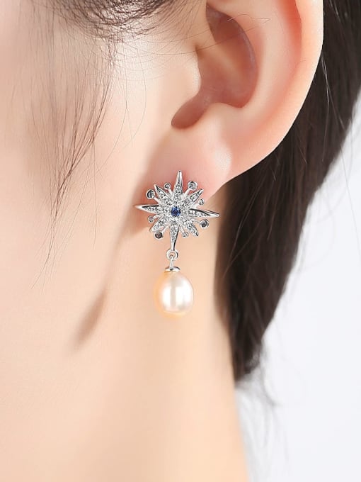 CCUI 925 Sterling Silver Fashion Asymmetric Snowflake Moon Freshwater Pearl Drop Earring 3
