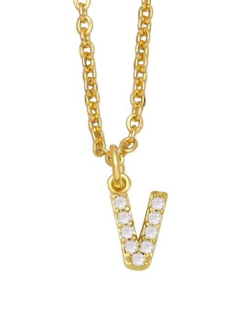 V Brass Cubic Zirconia Letter Vintage Necklace