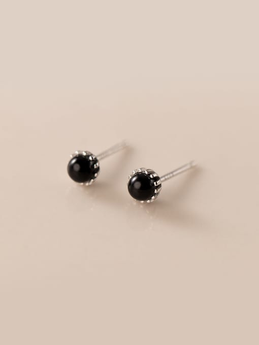 Black Shell Pearl+ Silver 925 Sterling Silver Imitation Pearl Round Minimalist Stud Earring