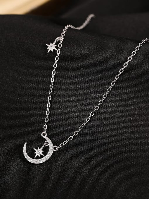 NS937 Platinum 925 Sterling Silver Cubic Zirconia Moon Dainty Necklace