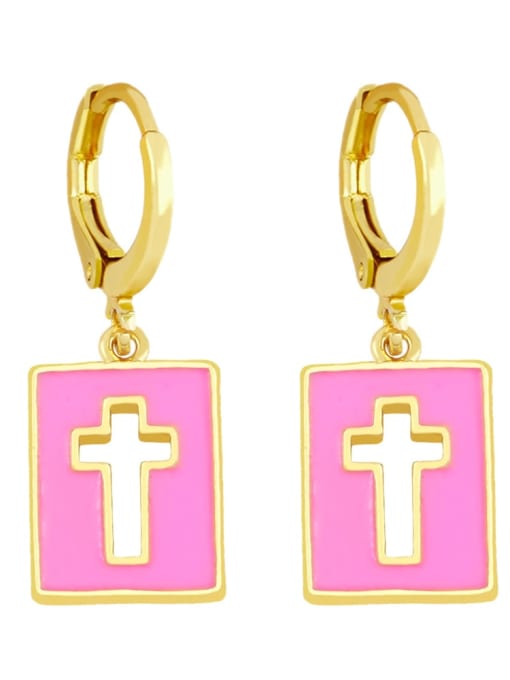 Pink Brass Enamel Cross Minimalist Huggie Earring