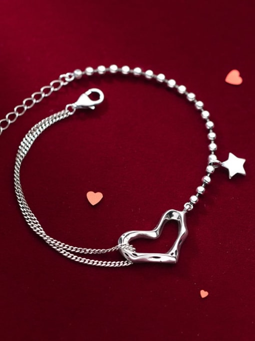 Rosh 925 Sterling Silver Heart Minimalist Asymmetry Pentagram  Smooth Bead Bracelet 2