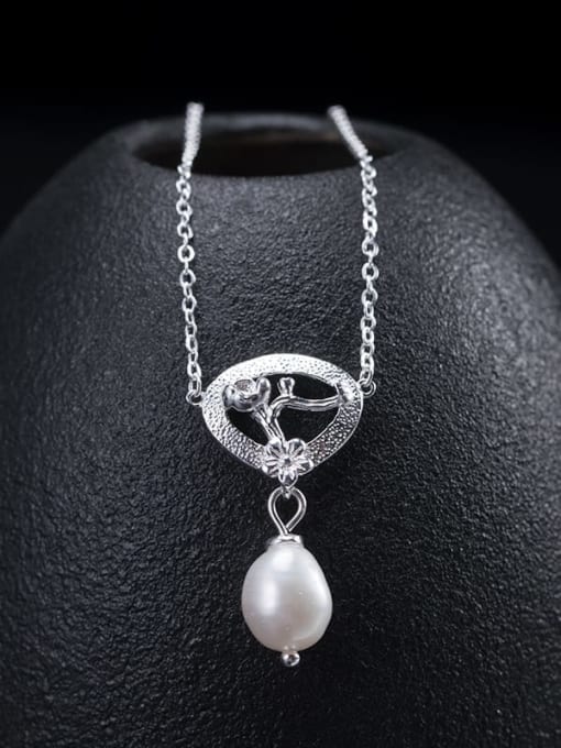 SILVER MI 925 Sterling Silver Imitation Pearl Flower Vintage Necklace 1