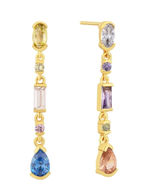Gold strip colorful zircon earrings Brass Cubic Zirconia Water Drop Minimalist Drop Earring