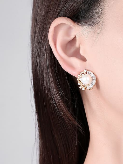 BLING SU Brass Imitation Pearl Flower Luxury Stud Earring 1