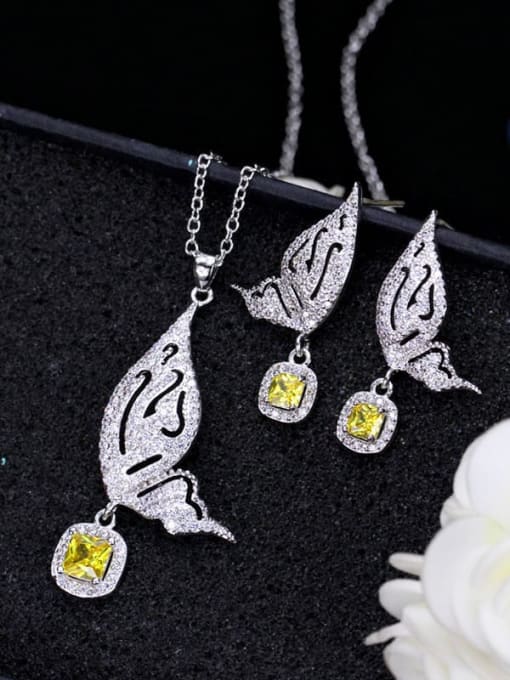 yellow Brass Cubic Zirconia Luxury Butterfly  Earring and Necklace Set