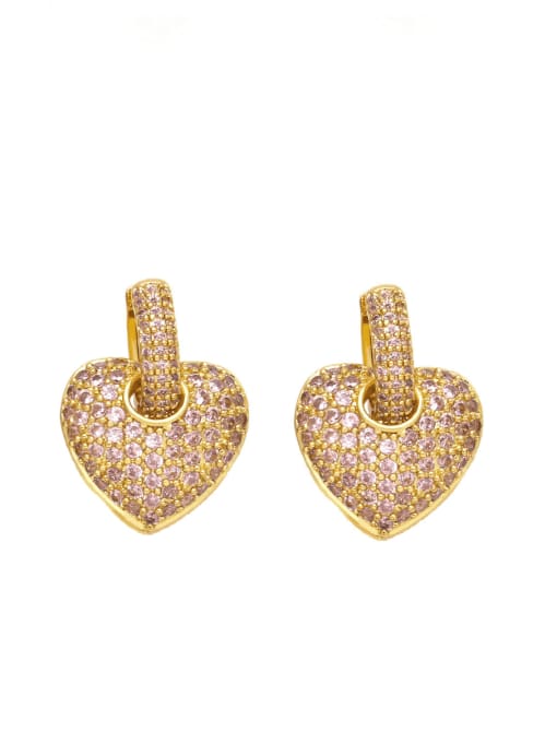Pink Brass Cubic Zirconia Heart Cute Huggie Earring