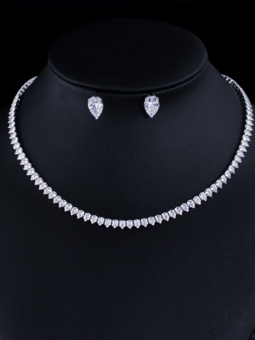 Platinum Brass Cubic Zirconia Luxury Geometric Earring and Necklace Set
