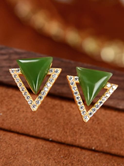 DEER 925 Sterling Silver Jade Triangle Vintage Stud Earring 2