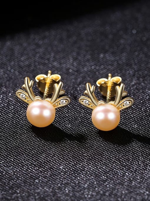 Pink 2I06 925 Sterling Silver   Minimalist Antler Imitation Pearl Stud Earrings
